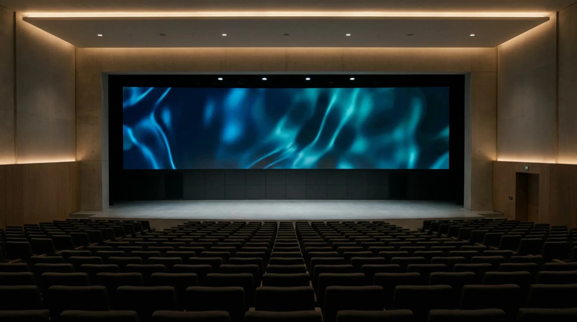A wide LED wall above an auditorium stage, with rows of empty seats in the dark