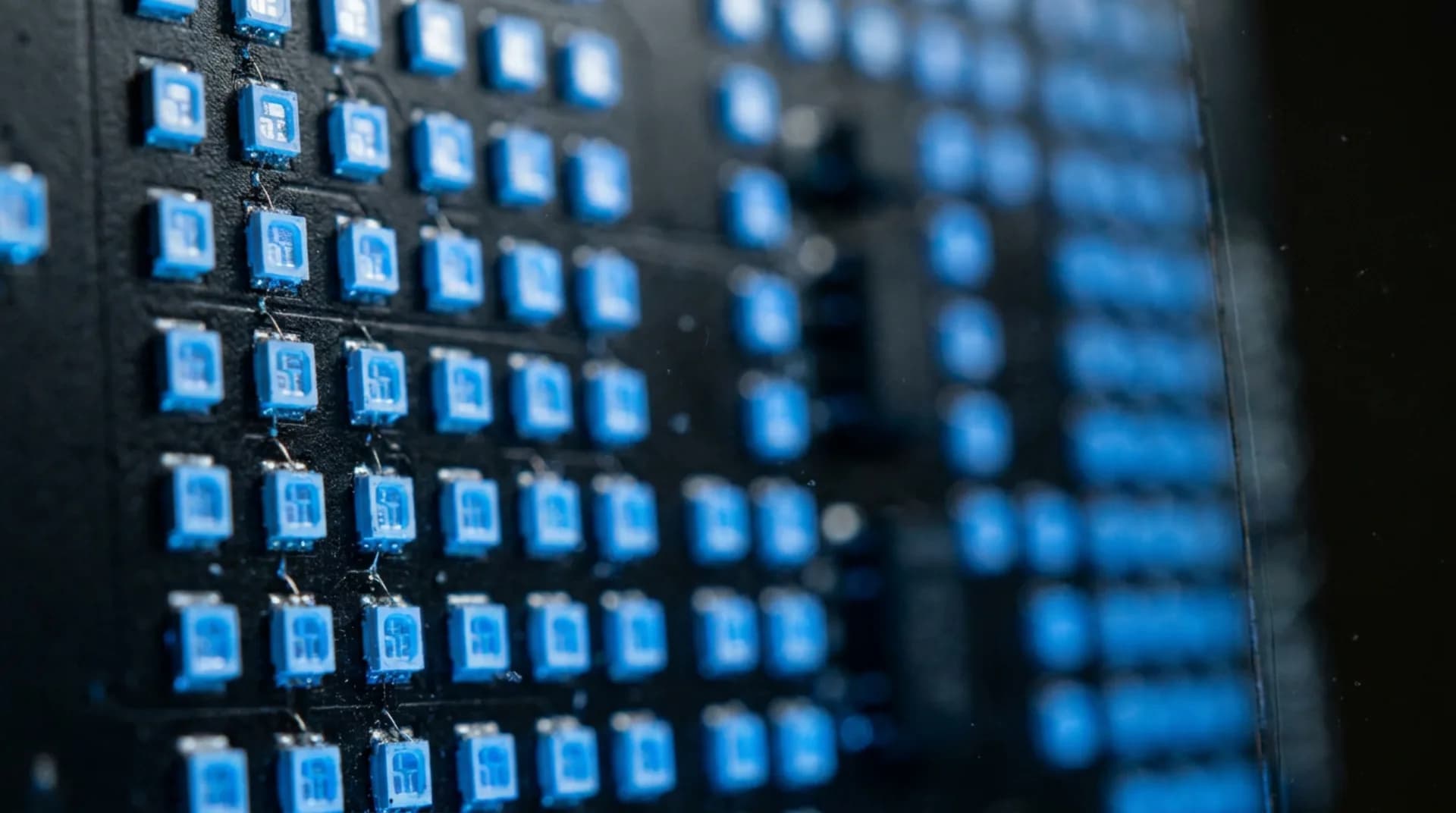 Extreme close-up of an LED panel showing the grid of individual lights, sharp on one side and fading into a blue glow