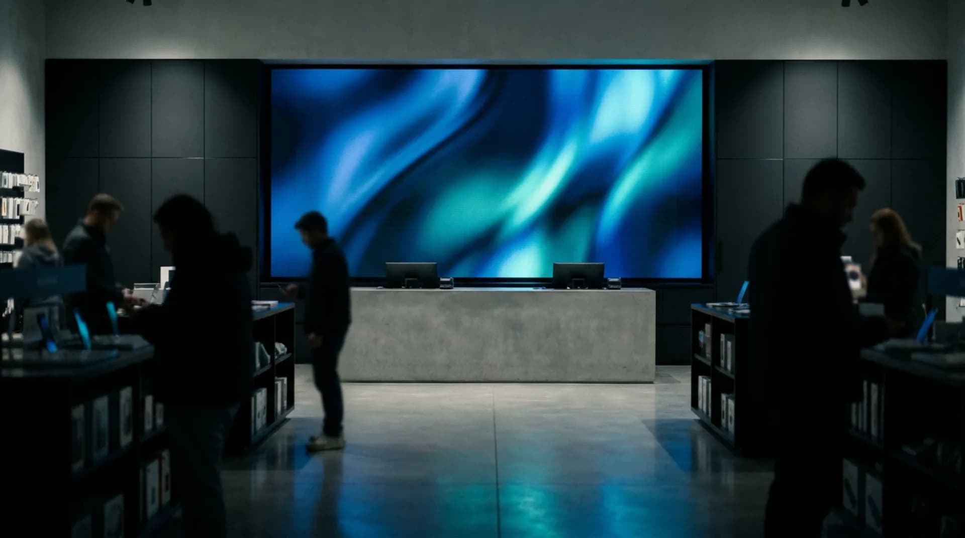 An LED wall behind a retail store counter showing abstract blue light, with shoppers nearby