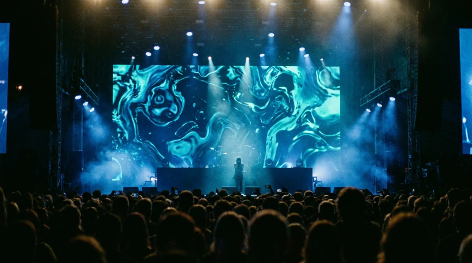 A concert stage LED backdrop glowing blue, with a performer and audience silhouettes in front of it