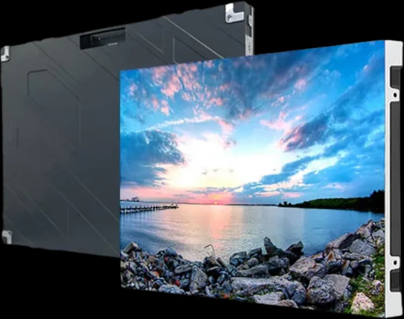 Two LED cabinets, one showing its rear frame and the other showing a sunset on its face