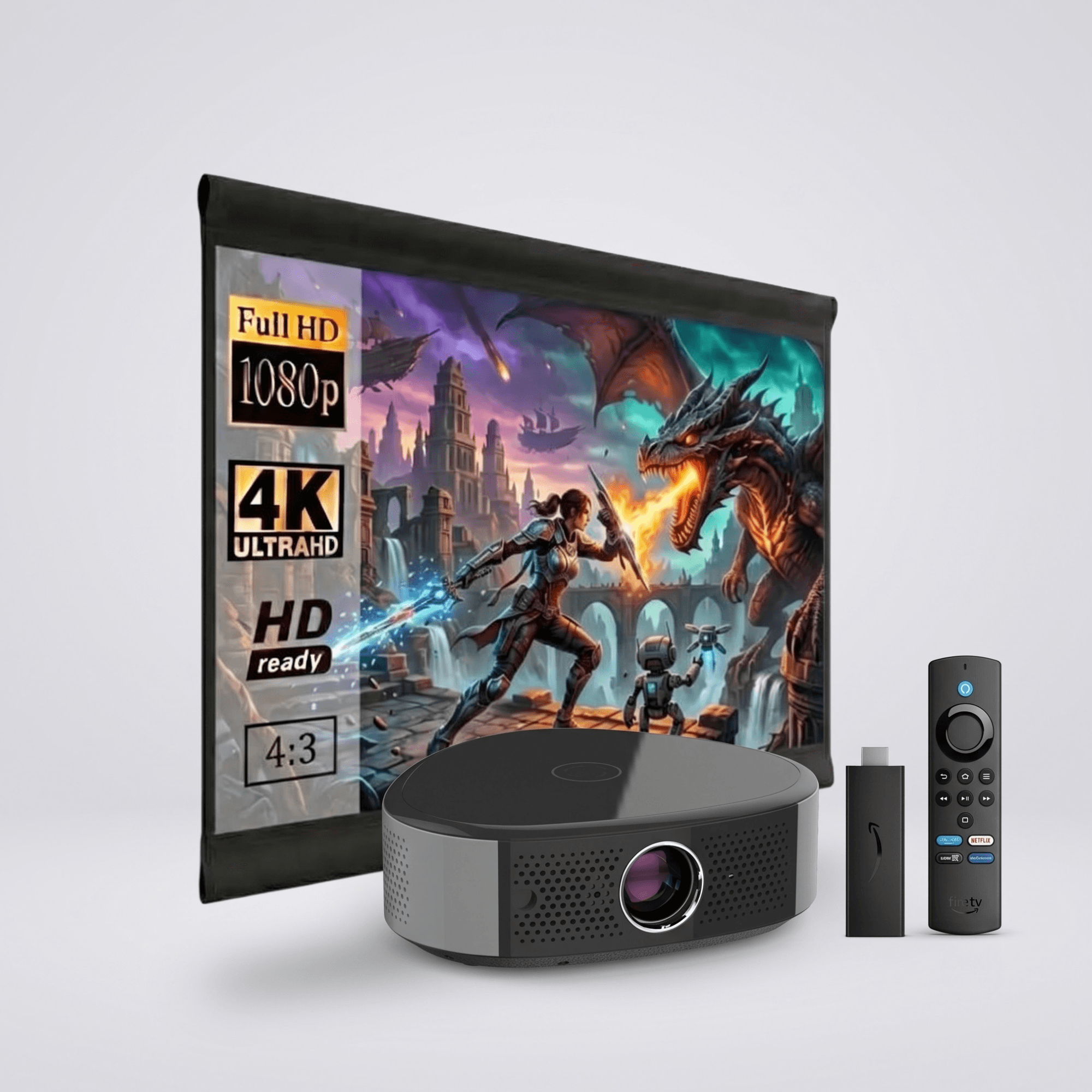 Combo Offer | Cinema X3 LED Projector + Fabric Screen 84 Inches + Fire TV Stick